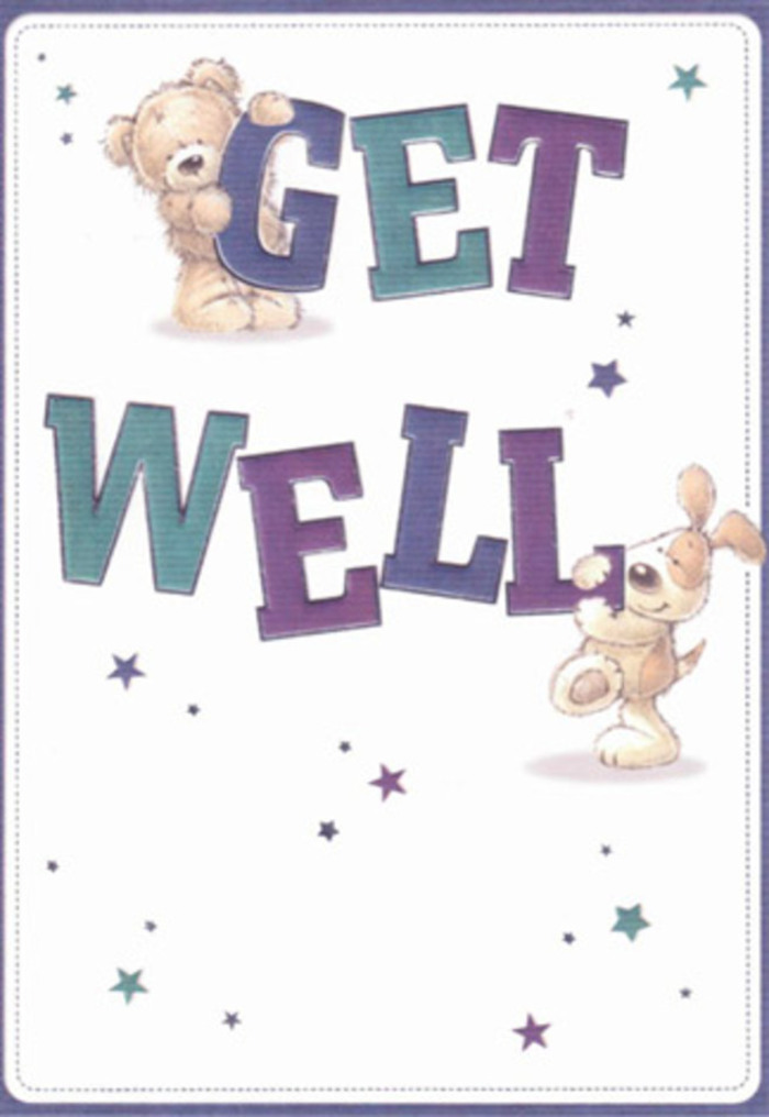 This delightfully illustrated get well card feels like an outpouring of gentle encouragement, reflecting the welcoming spirit of Chadwell Heath's community. Two playful friends-a silken, honey-hued bear and a lively puppy with floppy ears-come together amidst a swirl of twinkling, star-shaped bursts in shades of violet and teal. Around them, the large, bold letters spelling out 'Get Well' are rendered in confident strokes of purple and aqua, grounding the design in the cheerful reassurance needed when sending comfort along the familiar avenues near Grove Farm Park or Chadwell Heath station. There's a textural richness here-the illustrated fur of both animals appears so soft and inviting that you almost sense their warmth; the interplay between bright stars and the clean white background gives a feeling of airy positivity. As a florist deeply rooted in Chadwell Heath, I am reminded of crafting a bouquet for a neighbour-each bloom or accent carefully chosen to create tactile and visual harmony, just as the artist has done with every brushstroke. The card's playful mood, innocence, and charm offer heartfelt encouragement that transcends age, making it ideal for families, friends, or loved ones recovering from illness. Envision this card delivered alongside a restorative bouquet, the combined gifts radiating comfort and hope, reminiscent of the kindness we cherish in our close-knit Chadwell Heath community.